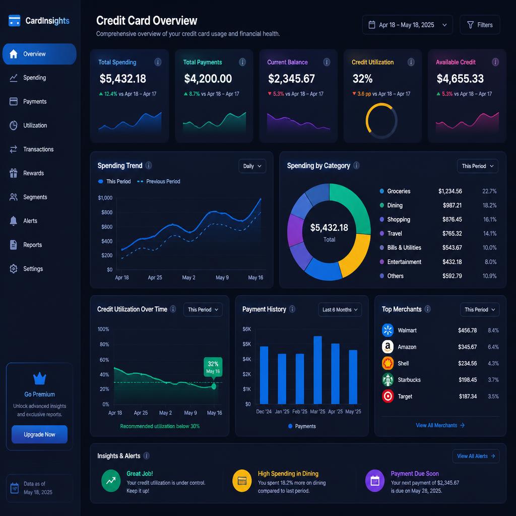 Financial analytics dashboard with charts and graphs showing credit card usage statistics, modern UI design, data visualization, Nano Banana 2 generation