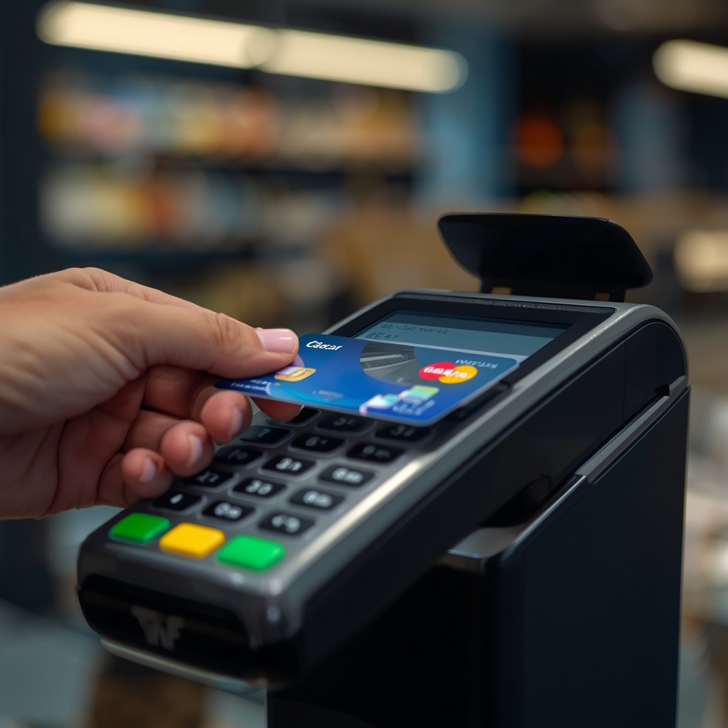 Contactless payment transaction at modern retail terminal, close-up of card reader with credit card, professional lighting, realistic scene, Nano Banana 2 generation