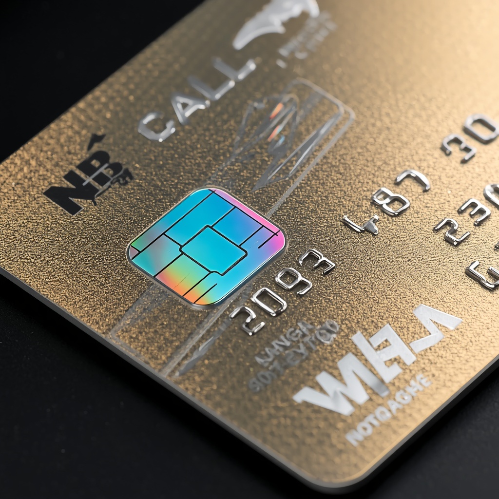 Modern premium credit card with holographic security elements, metallic finish, and embedded chip, professional product photography, high detail macro shot, Nano Banana 2 generation